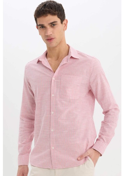 %100 Pamuk Modern Fit Polo Yaka Çizgili Uzun Kollu Gömlek E5046AX25SM