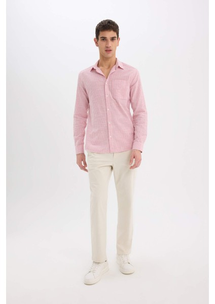 %100 Pamuk Modern Fit Polo Yaka Çizgili Uzun Kollu Gömlek E5046AX25SM