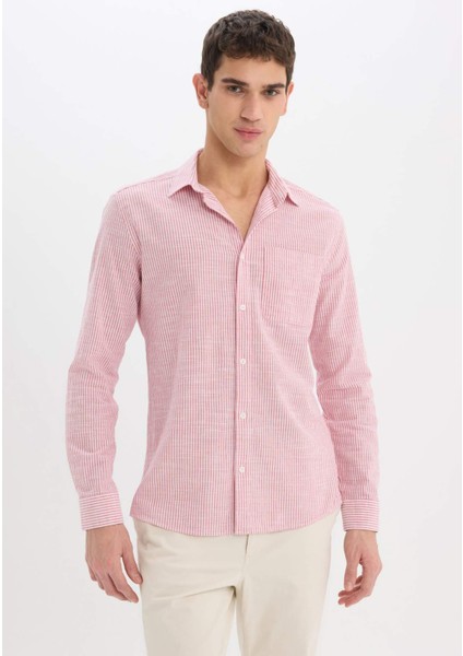 %100 Pamuk Modern Fit Polo Yaka Çizgili Uzun Kollu Gömlek E5046AX25SM