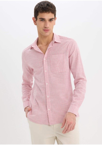 %100 Pamuk Modern Fit Polo Yaka Çizgili Uzun Kollu Gömlek E5046AX25SM