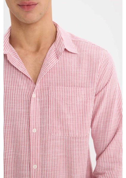 %100 Pamuk Modern Fit Polo Yaka Çizgili Uzun Kollu Gömlek E5046AX25SM