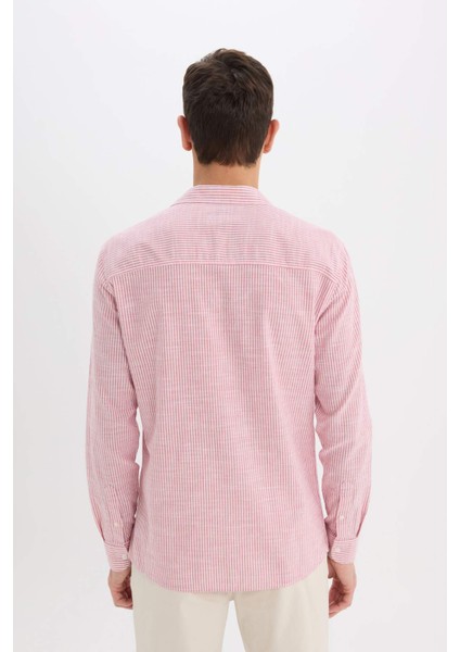 %100 Pamuk Modern Fit Polo Yaka Çizgili Uzun Kollu Gömlek E5046AX25SM