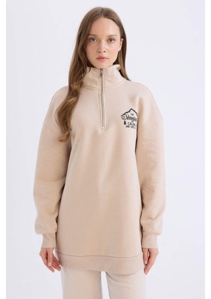 Relax Fit Yarım Fermuarlı Dik Yaka Baskılı İçi Yumuşak Tüylü Kalın Sweatshirt Tunik