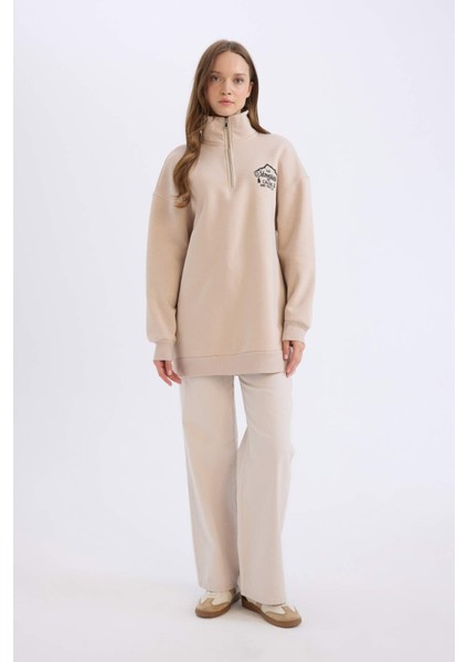 Relax Fit Yarım Fermuarlı Dik Yaka Baskılı İçi Yumuşak Tüylü Kalın Sweatshirt Tunik
