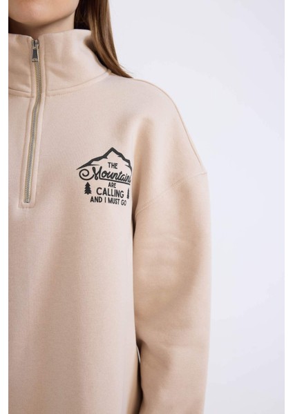 Relax Fit Yarım Fermuarlı Dik Yaka Baskılı İçi Yumuşak Tüylü Kalın Sweatshirt Tunik