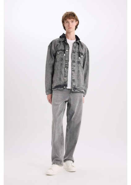%100 Pamuk Oversize Geniş Kalıp Kapüşonlu Düğmeli Mevsimlik Baharlık Denim Ceket D0416AX25SP