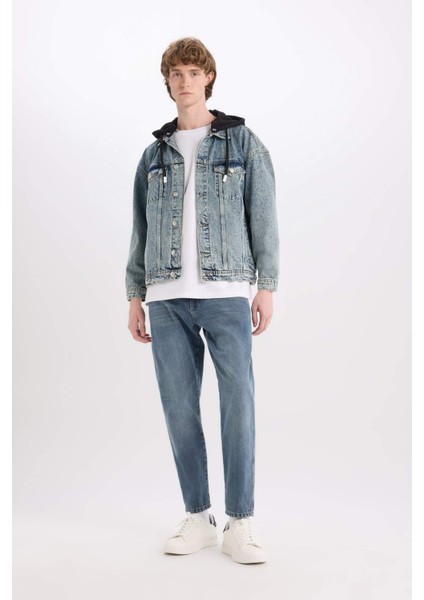 %100 Pamuk Oversize Geniş Kalıp Kapüşonlu Düğmeli Mevsimlik Baharlık Denim Ceket D0417AX25SP