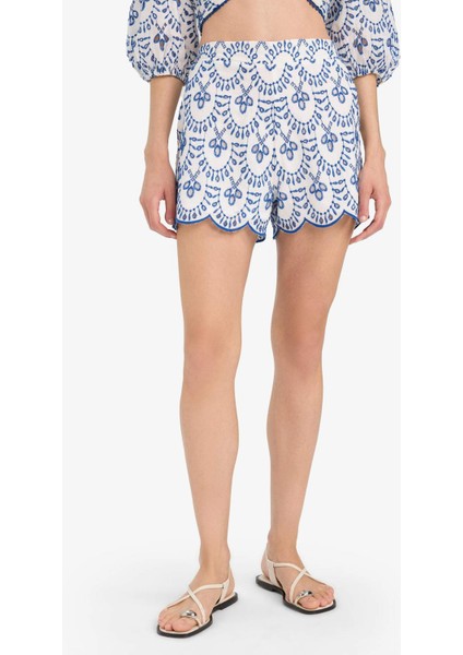 Desenli Nakışlı Brode Plaj Şortu-Fall in Love C6173AX25SM