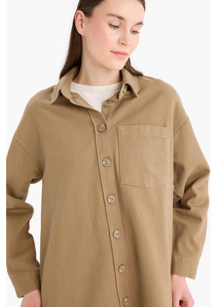 Relax Fit Basic Düz Gabardin Uzun Kollu Gömlek Tunik