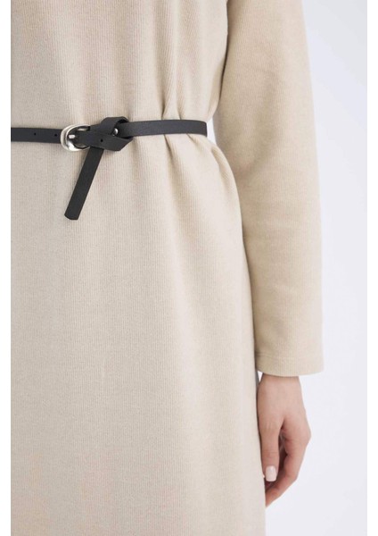 Regular Fit Bisiklet Yaka Uzun Kollu Kemerli Selanik Kumaş Maxi Elbise E5790AX25SP