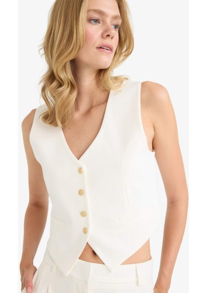 Crop V Yaka Keten Karışımlı Blazer Yelek C7798AX25SM