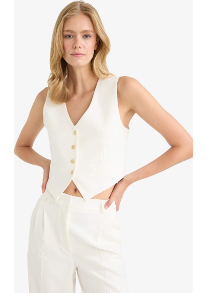 Crop V Yaka Keten Karışımlı Blazer Yelek C7798AX25SM