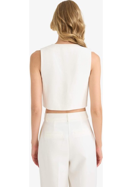 Crop V Yaka Keten Karışımlı Blazer Yelek C7798AX25SM