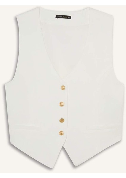 Crop V Yaka Keten Karışımlı Blazer Yelek C7798AX25SM