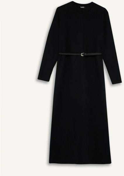 Regular Fit Bisiklet Yaka Uzun Kollu Kemerli Selanik Kumaş Maxi Tesettür Elbise E5790AX25SP