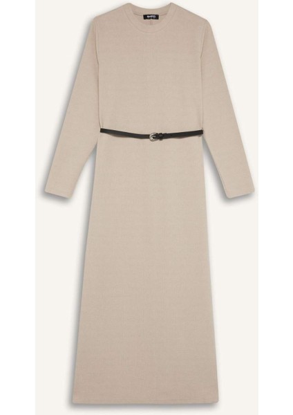 Regular Fit Bisiklet Yaka Uzun Kollu Kemerli Selanik Kumaş Maxi Elbise E5790AX25SP