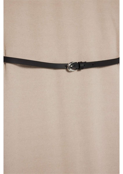 Regular Fit Bisiklet Yaka Uzun Kollu Kemerli Selanik Kumaş Maxi Elbise E5790AX25SP