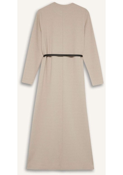 Regular Fit Bisiklet Yaka Uzun Kollu Kemerli Selanik Kumaş Maxi Elbise E5790AX25SP