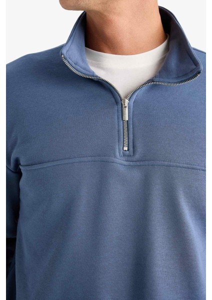 Relax Fit Dik Yaka Fermuarlı Basic Düz Kalın Sweatshirt E5334AX24WN