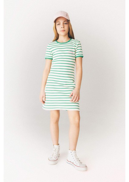 Kız Çocuk Bisiklet Yaka Fitilli Kaşkorse Kısa Kollu Çizgili Yazlık Elbise