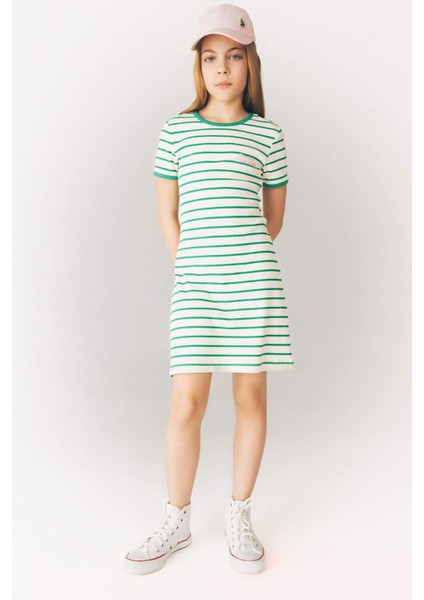 Kız Çocuk Bisiklet Yaka Fitilli Kaşkorse Kısa Kollu Çizgili Yazlık Elbise