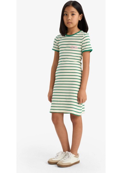Kız Çocuk Bisiklet Yaka Fitilli Kaşkorse Kısa Kollu Çizgili Yazlık Elbise
