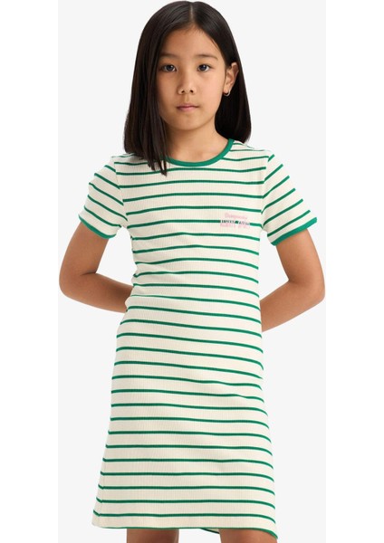 Kız Çocuk Bisiklet Yaka Fitilli Kaşkorse Kısa Kollu Çizgili Yazlık Elbise