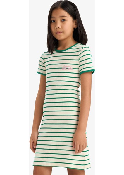 Kız Çocuk Bisiklet Yaka Fitilli Kaşkorse Kısa Kollu Çizgili Yazlık Elbise