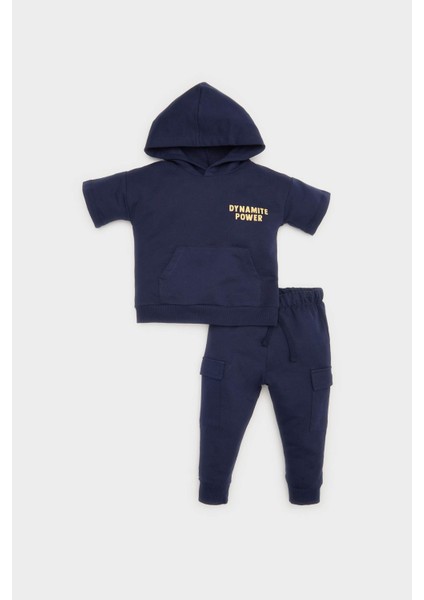 Erkek Bebek 2'li Takım Baskılı Kapüşonlu Kısa Kollu Sweatshirt Eşofman Altı