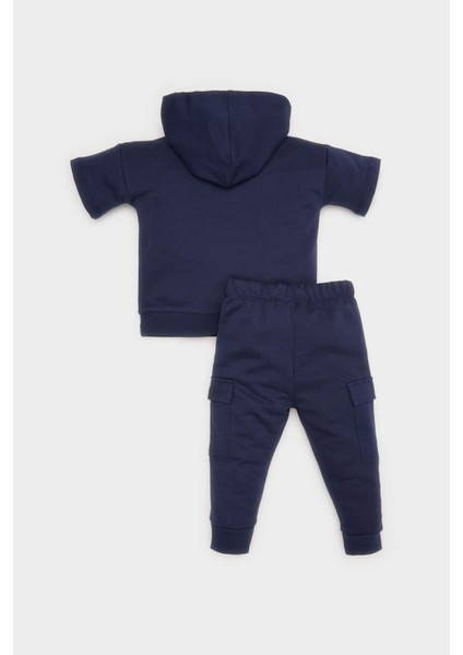 Erkek Bebek 2'li Takım Baskılı Kapüşonlu Kısa Kollu Sweatshirt Eşofman Altı