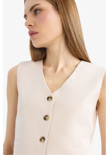 V Yaka Keten Karışımlı Blazer Yelek C3828AX25SM