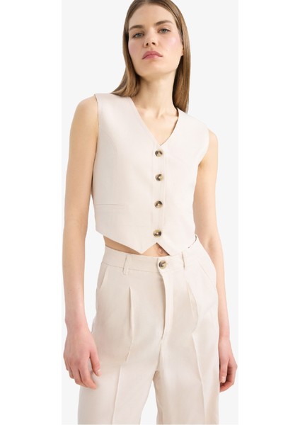 V Yaka Keten Karışımlı Blazer Yelek C3828AX25SM