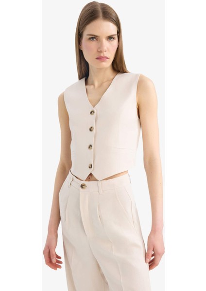 V Yaka Keten Karışımlı Blazer Yelek C3828AX25SM