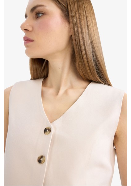 V Yaka Keten Karışımlı Blazer Yelek C3828AX25SM