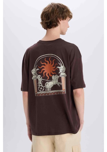 %100 Pamuk Oversize Geniş Kalıp Bisiklet Yaka Sırt Baskılı Kısa Kollu Tişört Z6082AZ25SM