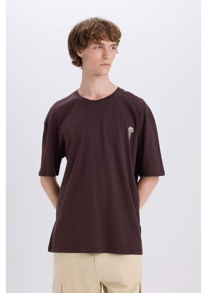 %100 Pamuk Oversize Geniş Kalıp Bisiklet Yaka Sırt Baskılı Kısa Kollu Tişört Z6082AZ25SM