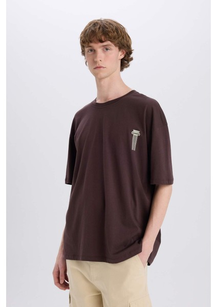 %100 Pamuk Oversize Geniş Kalıp Bisiklet Yaka Sırt Baskılı Kısa Kollu Tişört Z6082AZ25SM