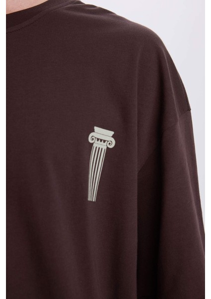 %100 Pamuk Oversize Geniş Kalıp Bisiklet Yaka Sırt Baskılı Kısa Kollu Tişört Z6082AZ25SM