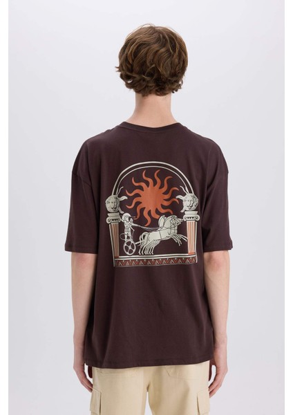 %100 Pamuk Oversize Geniş Kalıp Bisiklet Yaka Sırt Baskılı Kısa Kollu Tişört Z6082AZ25SM