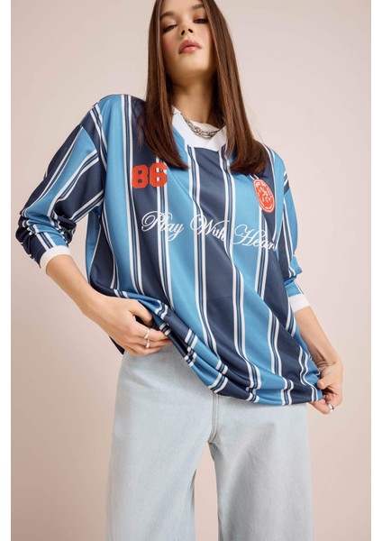 Coool Oversize Geniş Kalıp Polo Yaka Baskılı Forma Kumaşı Uzun Kollu Tişört E5373AX25SP