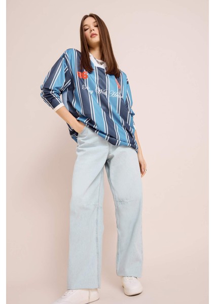 Coool Oversize Geniş Kalıp Polo Yaka Baskılı Forma Kumaşı Uzun Kollu Tişört E5373AX25SP