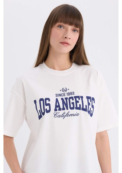 Oversize Geniş Kalıp Bisiklet Yaka Baskılı Kısa Kollu Tişört E5055AX25SP