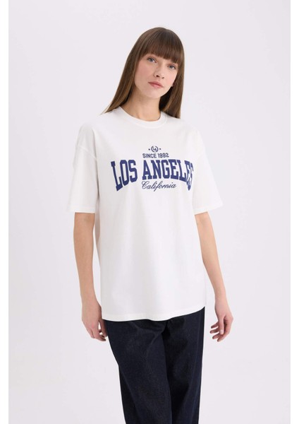 Oversize Geniş Kalıp Bisiklet Yaka Baskılı Kısa Kollu Tişört E5055AX25SP