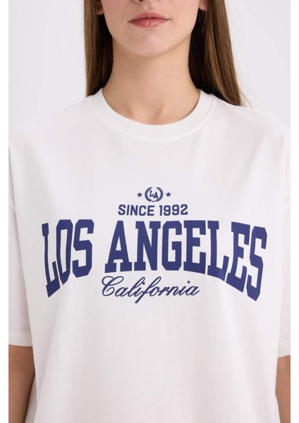 Oversize Geniş Kalıp Bisiklet Yaka Baskılı Kısa Kollu Tişört E5055AX25SP