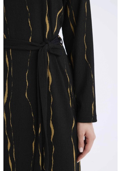 Regular Fit Bisiklet Yaka Desenli Uzun Kollu Bürümcük Maxi Elbise E5461AX25SP