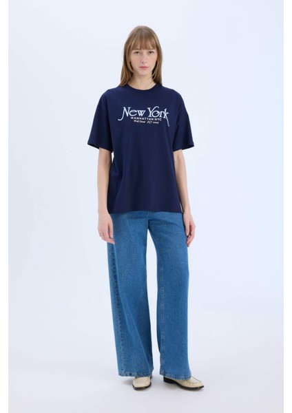 Oversize Geniş Kalıp Bisiklet Yaka Baskılı Kısa Kollu Tişört E5057AX25SP