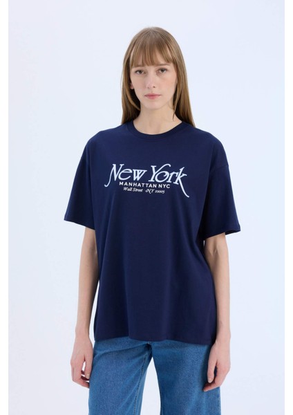 Oversize Geniş Kalıp Bisiklet Yaka Baskılı Kısa Kollu Tişört E5057AX25SP