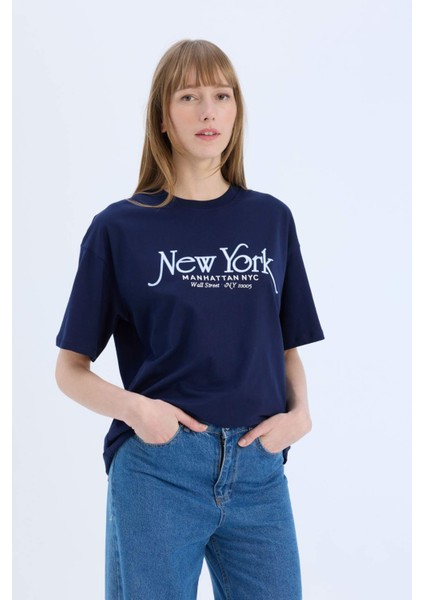 Oversize Geniş Kalıp Bisiklet Yaka Baskılı Kısa Kollu Tişört E5057AX25SP