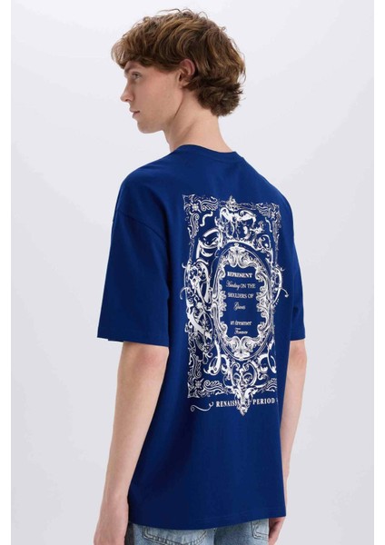 %100 Pamuk Boxy Fit Bisiklet Yaka Sırt Baskılı Kısa Kollu Tişört E4540AX25SM