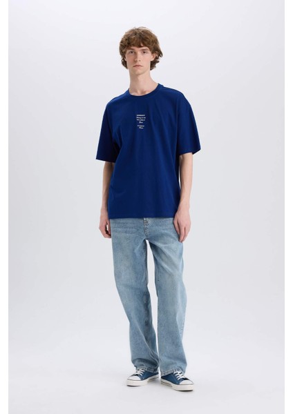 %100 Pamuk Boxy Fit Bisiklet Yaka Sırt Baskılı Kısa Kollu Tişört E4540AX25SM